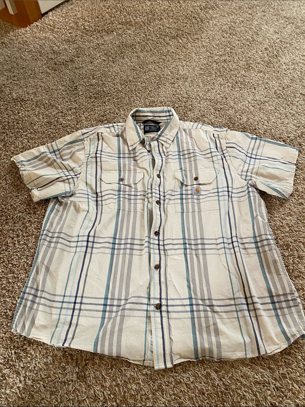 Carhartt Men’s Short-Sleeve Plaid Button-Down Shirt - Cream with Blue Stripes